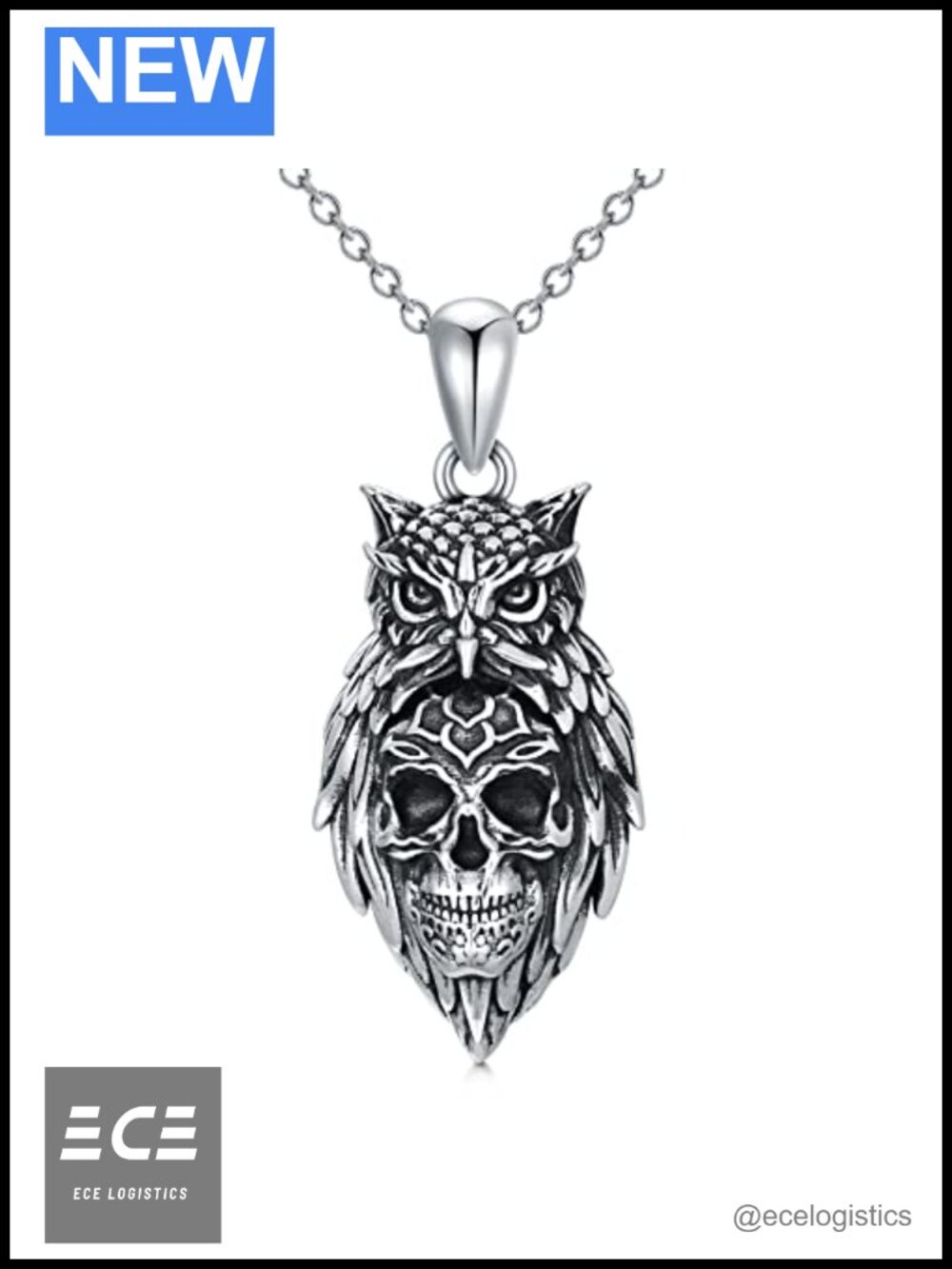 925 Sterling Silver Owl Skull Pendant Necklace Unisex